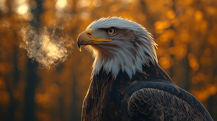 A mighty bald eagle stands frozen in the morning chill, like a guardian of the forest. Light steam escapes from its beak.