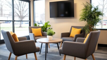 A modern waiting area with comfortable seating, plants, and a view