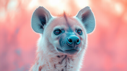 The look of the young hyena is full of life and curiosity, and the fluffy ears and contrasting background of pink and peach shades create a harmonious and dreamy mood.