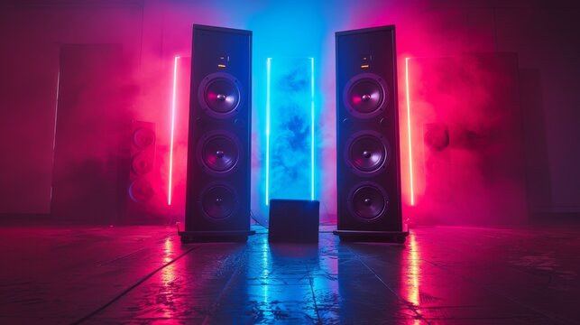 An eye-catching image of two large speakers illuminated with vibrant neon lights in pink and blue, creating a dynamic atmosphere perfect for music and nightlife settings.
