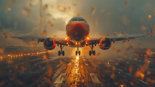 A stunning image of an airplane approaching for landing during a dramatic sunset, with raindrops creating a beautiful bokeh effect in the foreground.