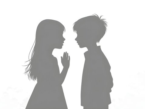 Boy and Girl Silhouette Illustration, Childhood Friends in Black and White, School Children Outlines for Design Projects