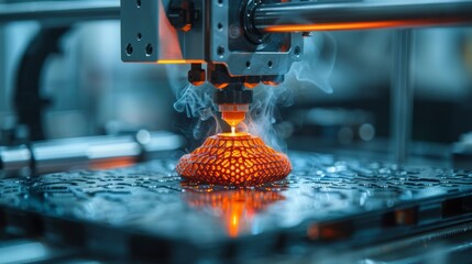 This image showcases a 3D printer at work, creating a stunning intricate design with a warm glow, capturing the essence of modern technology and creativity in manufacturing.