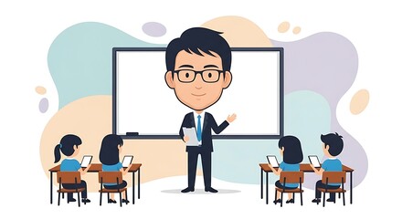 Fototapeta premium Vector illustration of a teacher or lecturer teaching in class with students, big head illustration style.