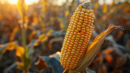 An ear of golden corn prominently displayed in a sunlit field, showcasing the beauty of agriculture and the natural colors of a harvest ready for collection.