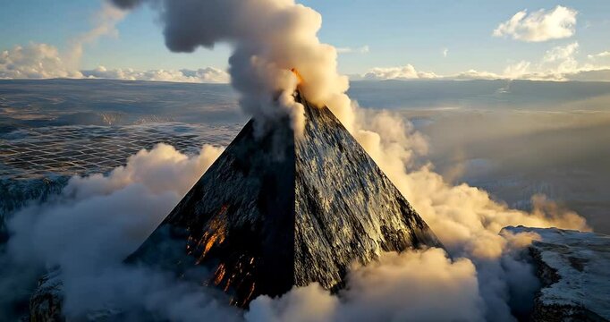 A pyramid-shaped mountain spews fire and smoke, shrouded in clouds and snow.