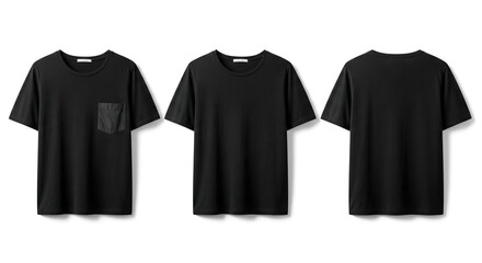 Short-sleeved, black, pocketed and pocketless T-shirt mockup for men, front and back views, design presentation for printing, 3D.