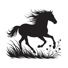 Horse Running in Field with Grass and Flowers Silhouette