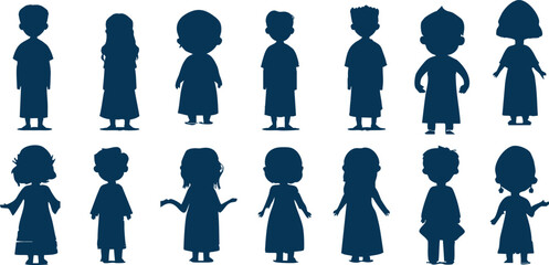 Vector collection of silhouettes of little children of different appearances standing on white background