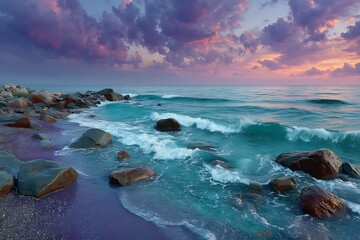Ocean Sunset With Purple Coastal Stones high resolution image