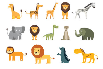 A playful vector collection of flat-style cute animals including lions, giraffes, zebras, dinosaurs, and elephants. Each animal stands in fun poses on a white background—perfect for children’s designs
