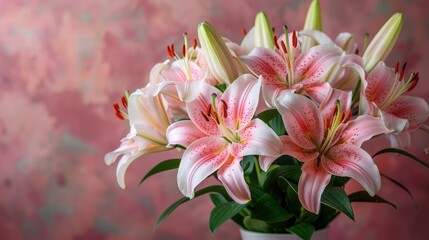 A stunning bouquet of pink lilies arranged elegantly, radiating beauty and tranquility, evoking feelings of love, peace, and celebration in a soft ambiance.