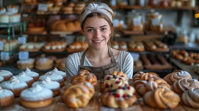 The friendly bakery assistant showcases a wide variety of delicious pastries, presenting a warm invitation to indulge in the delightful baked goods on display.