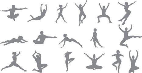 Vector set of female silhouettes showcasing graceful ballet moves, yoga stretches, and workout positions. Ideal for posters, health websites, sport apps, and lifestyle illustrations 
