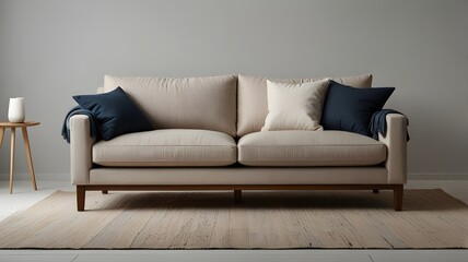 Scandinavian sofa with neutral fabric, isolated on white