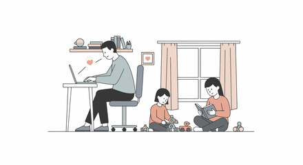 Work-Life Balance Illustration: Father Working, Mother Reading to Children