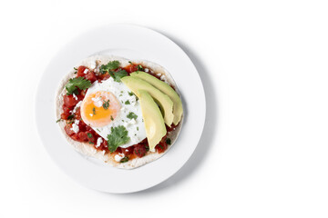 Huevos Rancheros isolated on white background. Traditional Mexican breakfast. Top view. Copy space