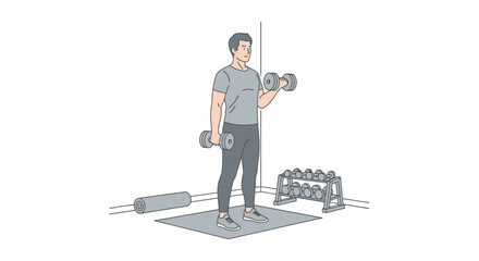 Weight Training: Man Performing Bicep Curls with Dumbbells