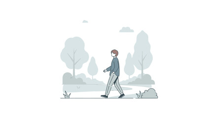 Serene Stroll: Man Walking in Minimalist Park Illustration