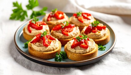 Appetizing crostini with hummus and red pepper on a blue plate
