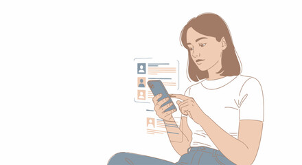 Digital Connection: Woman Using Smartphone with Interface Overlay