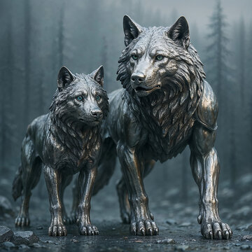 Photorealistic 3D render of two wolves made of polished metal with colored eyes, standing in a misty forest. Reflective texture, fantasy and surreal mood.