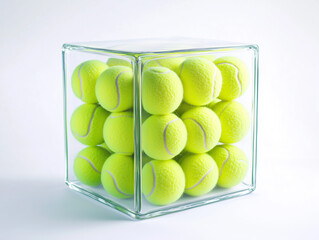 tennis balls in a transparent cube on a white background 