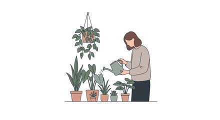 Indoor Gardening: Woman Watering Houseplants Illustration
