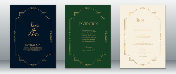 Luxury wedding invitation set designed with elegant gold frames on dark navy, green, and soft cream backgrounds. Includes save-the-date, invitation, and menu cards.