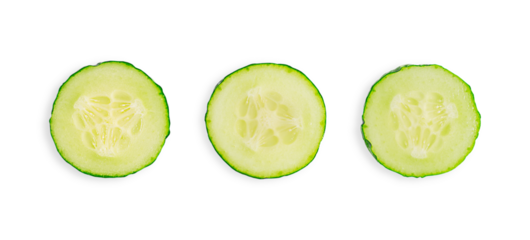Top view of three round slices of raw juicy refreshing cucumber vegetable cross section isolated on white background used as ingredient for vegetarian healthy salads and fresh summer detox drinks