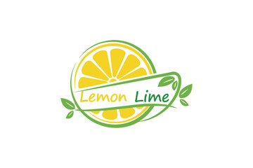 Lemon lime fresh juice logo with citrus slice and leaf