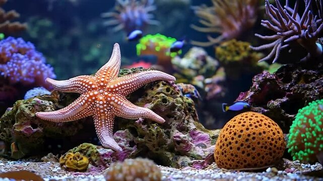 bright red fromia starfish in coral reef among sea anemones captured in colorful underwater macro photography with marine life