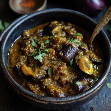 Deep dark bowl of spiced eggplant curry