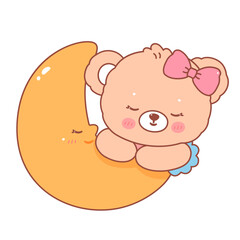 Cute sleeping bear on crescent moon decoration cartoon illustration