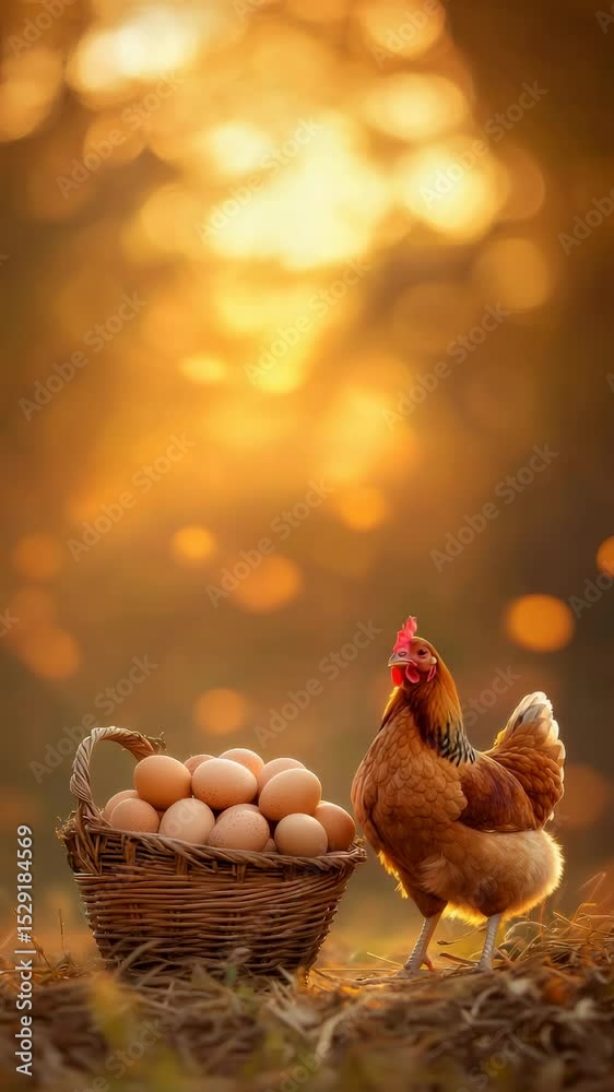 Poster beautiful golden hour light illuminates a hen standing next to a wicker basket overflowing with fres