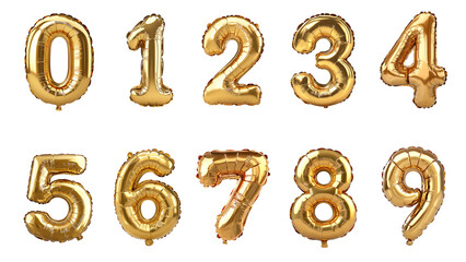 A set of golden number balloons from 0-9 on transparent background PNG
