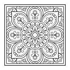 Decorative pattern of flowers and paisley for printing on fabric. Ornament for a bandana, a silk neckerchief, a tablecloth or a kerchief. Square sketch in tribal or oriental style.