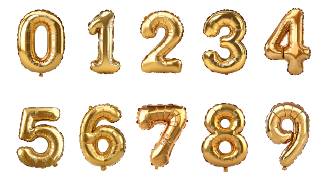 A set of golden number balloons from 0-9 on transparent background PNG