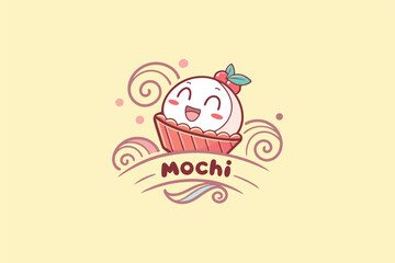 Cute pink Mochi dessert logo in wavy layout
