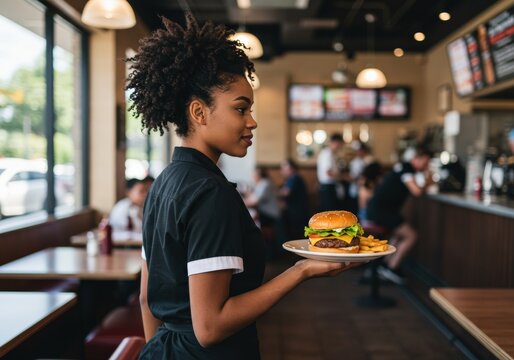 A cheerful waitress holds a hot, freshly baked pizza—bringing smiles, flavor, and great service to the table in a lively dining atmosphere.
