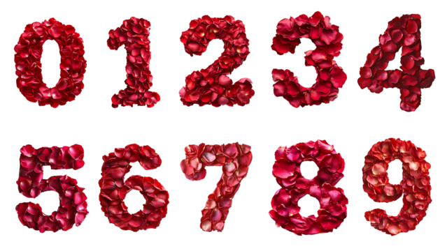 a set of numbers 0-9 made from rose petals on transparent background PNG