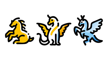Mythical Creature Icon Set Dragon, Phoenix, and Unicorn - Vector Illustrations