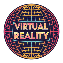 Create a retro-wave styled globe grid, overlaid with a vibrant 'Virtual Reality' text, emitting a futuristic, 80s-inspired glow.