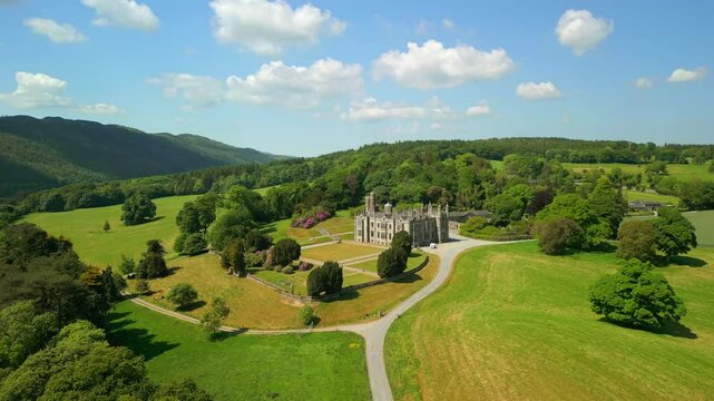 Advancing aerial video of Narrow Water Castle in Warrenpoint, County Down, Northern Ireland, UK on a bright and sunny day. Filmed in 4K, 60FPS and with Rec709 color.