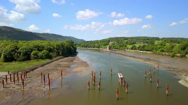 Aerial video of Warrenpoint and Narrow Water Keep in County Down, Northern Ireland, UK on a bright and sunny day. Filmed in 4K, 60FPS and with Rec709 color.