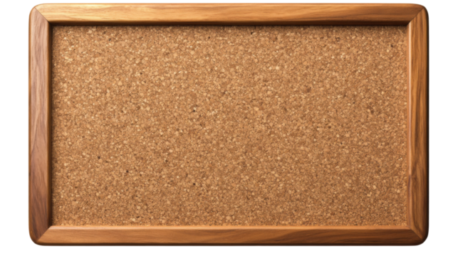 rectangular cork board with a sturdy wooden frame on white background