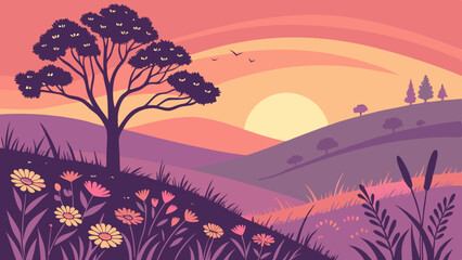 Sunset Hues Vibrant Flower-Covered Hills, a Serene Landscape Illustration