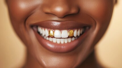 Celebrating unique smiles black woman with gold grillz studio portrait close-up beauty expression