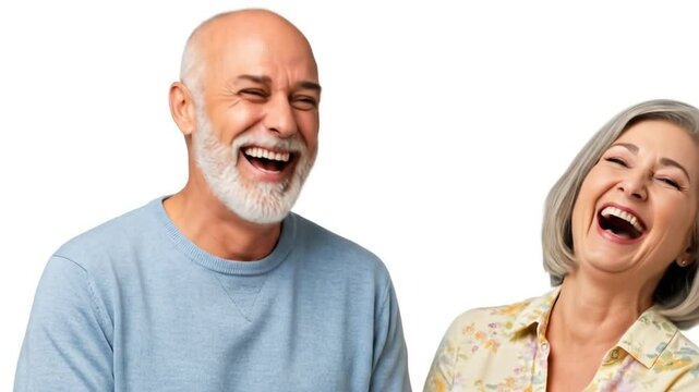 Senior couple joyfully laughing, showcasing genuine happiness and shared moments of mirth, reflecting aging gracefully and enjoying life's simple pleasures