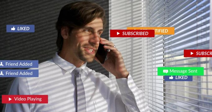 Male exec on smartphone listening as subscribe badge sparking smile amid social-media updates